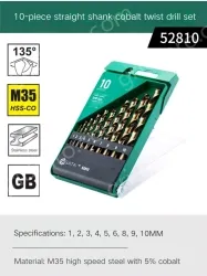 Set of 10 straight shanks containing cobalt twist drills