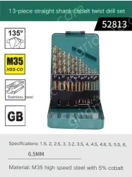 Set of 13 straight shanks containing cobalt twist drills